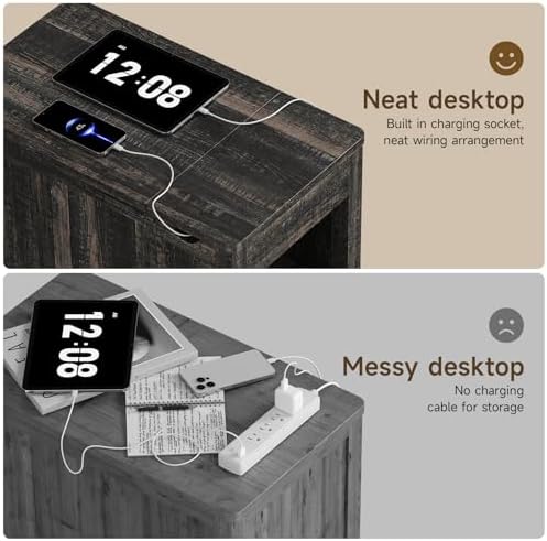 ONBRILL Farmhouse End Table with Charging Station,Dark Brown