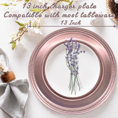 13" Vintage Charger Plates, Beaded Chargers for Dinner Plates Set of 6, Charger Plates Bulk Wedding, Rose Gold