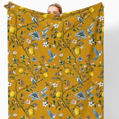 Mustard Yellow Lemon Bird Floral Throw Blanket for Couch, Cottagecore Home Decor, Chinoiserie Hummingbird Botanical Throw Blanket for Bedroom Living Room Home Decoration, 50x60 Inches