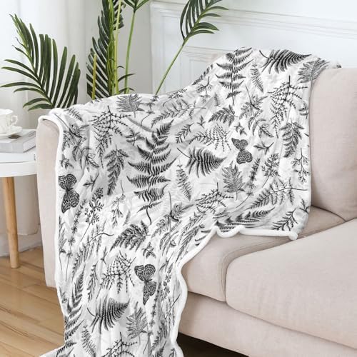 JAWO Floral Throw Blanket, Black White Flower Throws Wildflowers Botanical Plant Printed All Seasons, Vintage Cute Butterfly Flannel Blanket for Bedding Sofa Travel Couch Chair Sofa Home Decor,50x60