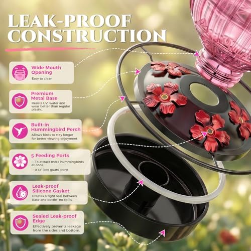 2 Pack Glass Hummingbird Feeder for Outdoors Hanging, Bird Nectar Feeder with Perch & 5 Flower Feeding Ports, 26 Oz Leak Proof for Outside Garden Decor Backyard, Gifts for Women Mom, Red + Pink