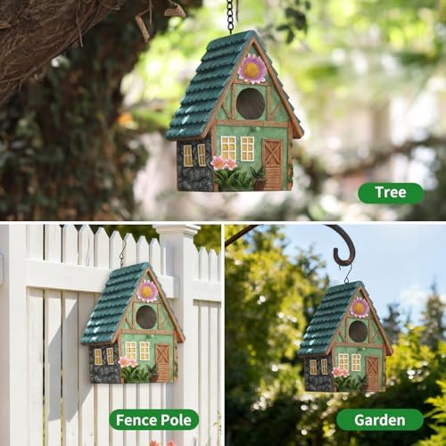 Bird Houses for Outside Cottage-Style Hanging Birdhouse with Flower Accents – Hand-Painted Resin Decorative Birdhouses for Outdoors for Bluebird Finches Cardinals Bird Nesting Garden, Patio, Yard