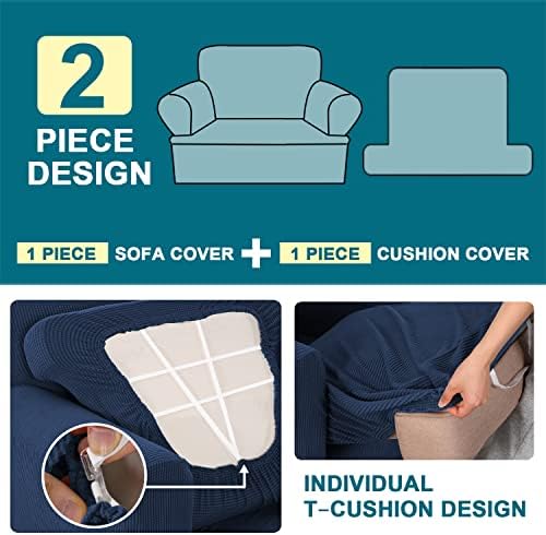 Turquoize T Cushion Chair Slipcover Armchair Slipcover for Living Room Stretch Sofa Couch Cover Soft Armchair Cover Washable Furniture Covers with Individual T Cushion Seat Covers (Chair, Navy)