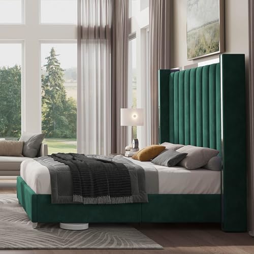 Jocisland King Size Upholstered Bed Frame with 58" Tall Headboard, Green