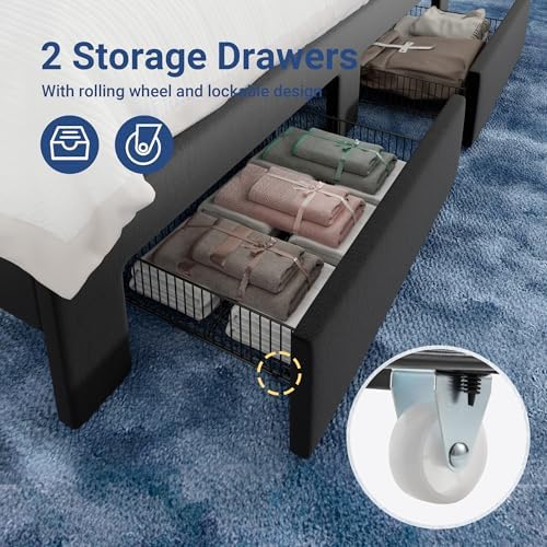 Allewie Full Size Bed Frame with 2-Tier Storage Headboard & 2 Large Drawers