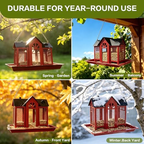 Large Metal Bird Feeders for Outdoors Hanging with Double Suet Cage Weatherproof Roof, 4 in 1 Suet Feeder for Woodpecker, 4 Lbs Capacity Bird Feeder House for Cardinal Finch Chickadee
