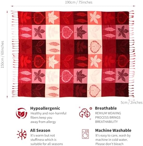Bohemian Chenille Jacquard Tassel Throws - Reversible Red&Pink Maple Leaf Design for Boho Hippie Vibes - Oversized Blankets for Large Couch, Furniture, Sofa, Chair