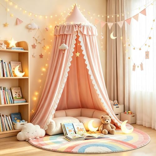 Kertnic Lace & Bow Decor Princess Canopy for Girls Bed, Soft Ruffled Playing Tent Canopy Room Decoration Castle, Reading Nook Canopies in Home (Pink)