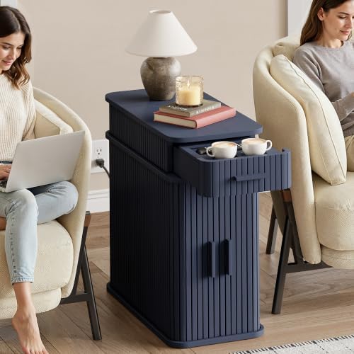 ONRBRILL Fluted End Table, Narrow Side Table, 23.62" H, Blue