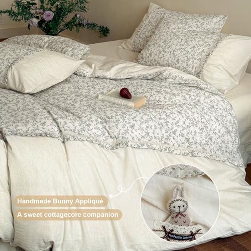 Floral Full Size Duvet Cover with 2 Pillowcases,80"×90",Cotton Linen