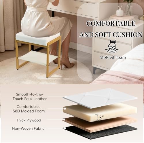 White Gold Vanity Stool, Vanity Chair Stools with a Lower Storage Shelf, Faux Leather Upholstered Ottoman Bench for Bedroom, Living Room, Modern Metal Legs Makeup Chairs