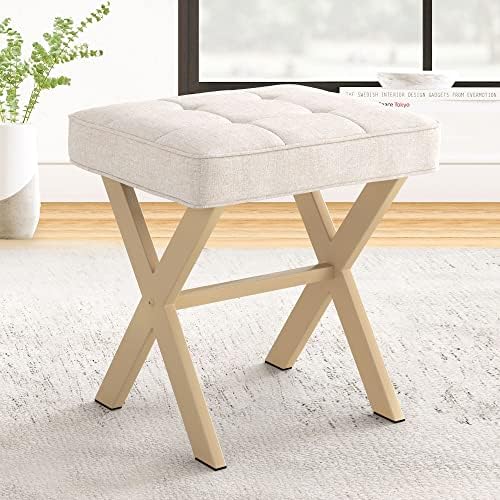 LUE BONA Square Linen Makeup Stool, Metal X Legs, Small Ottoman Stool Chair for Vanity, Modern Padded Seat Foot Rest for Makeup Room, Bathroom
