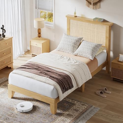 coucheta Bohemian Twin Rattan Bed LED Natural Headboard Bedroom