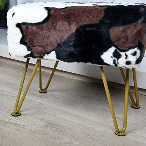 Cow Rectangle Faux Fur Ottoman 19"x13"x17" Soft Fuzzy Entryway Bench Seat Sturdy Accent Coffee Table for Living Room Make Up Vanity Shoe Stool with Golden Legs for Bedroom Closet Foot Rest