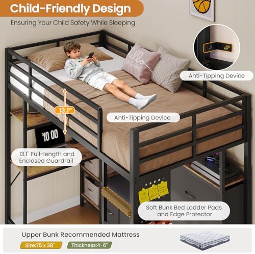 DICTAC Loft Bed Twin Size with 6 Storage Drawers,Coat Rack and Open Shelves Metal Twin Loft Bed with Desk,Charging Station and LED Light,loft beds with Large Pegboard,Stairs and Safety Guardrail,Black