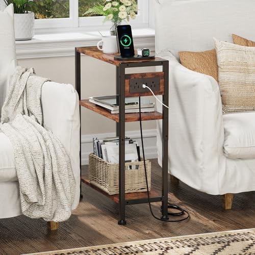 End Table with Charging Station, 3-Tier Side Table for Small Space, Skinny Nightstand with USB/Type C Port and 2 Outlets, Slim Beside Table for Living Room, Bedroom, Balcony, Rustic Brown