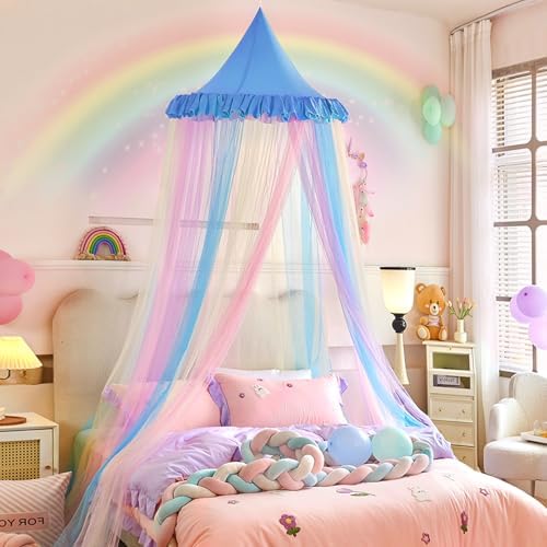 Kertnic Rainbow Bed Canopy for Girls Dreamy Mosquito Net for Bed Round Dome Princess Bed Canopy Girl Room Play Tent Canopy Bed Netting Curtains (Single Layer- Blue)
