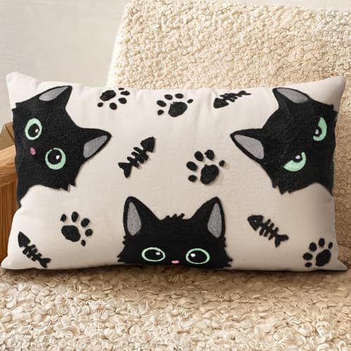 Embroidered Lumbar Pillow Cover 20x12 Inch, Cat Bone