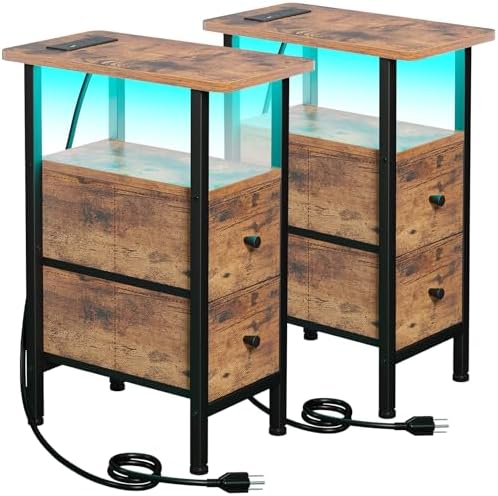 LOAKEKEL Narrow Nightstand with Charging Station, End Tables Living Room