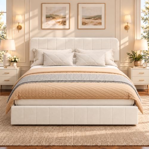 Garvee King Size Velvet Bed Frame with Adjustable Headboard, Beige