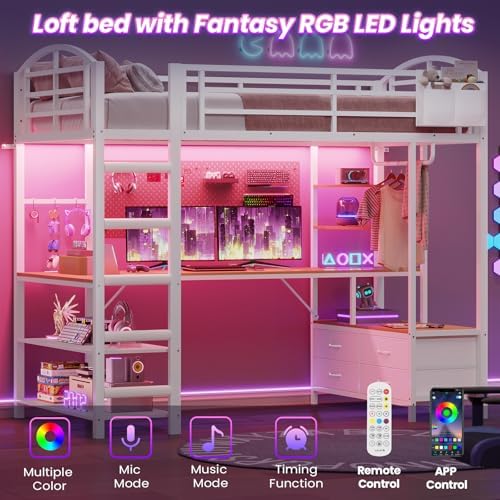 Twin Size Gaming Loft Bed with Desk, 4 Fabric Drawers, RGB LED Lights & Under-Bed Play Zone with Soft Padded 2-Step Ladder, Space-Saving Bed for Kids, Teens (White, L-Shape Desk)
