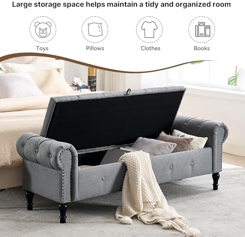 Storage Bench 67" Linen End of Bed Benches Grey