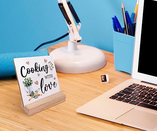 Cooking with Love Wood Plaque with Wooden Stand,Rustic Kitchen Wooden Plaque Sign Desk Decor for Home Kitchen Table Shelf Decoration