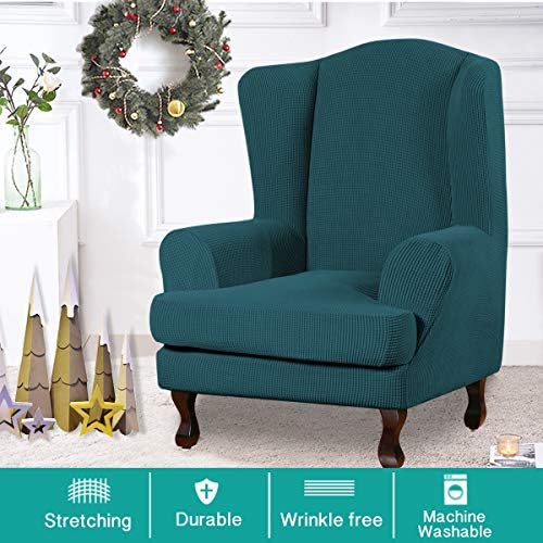 Turquoize Wingback Chair Covers 2 Piece Wing Chair Slipcover Stretch Slipcovers for Wingback Chairs Wing Chair Cover Spandex Jacquard Fabric with Elastic Bottom Non-Slip Furniture Cover, Deep Teal