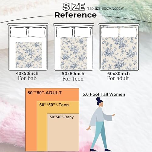 Vintage Floral Blanket,Blue White Blossom Flannel Throw Blankets Gifts for Elegant Room Accent Lovers,Soft Lightweight Decorative Cover for Couch Sofa Bedroom Travel,Home Accent,60×80 Inch