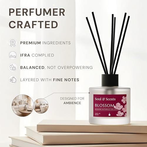 Soul & Scents Reed Diffuser Set – Blossom | 7.43 oz Refillable Scented Oil with 6 Fiber Sticks | Long-Lasting Home Fragrance & Air Freshener for Bedroom, Bathroom, Office | Gift & Décor Piece