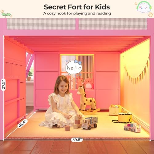 Low Loft Bed Twin Size with Desk, 12 Storage Drawers, Window, Pink