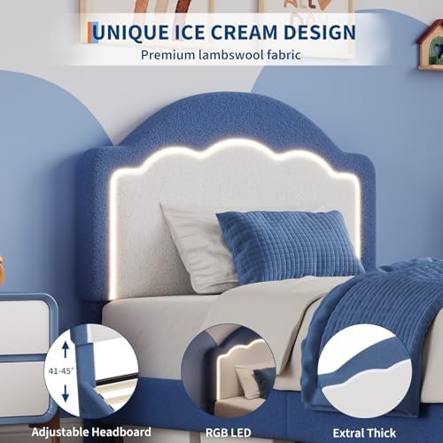 IDEALHOUSE Twin Bed Frame with LED Headboard, Boucle Fabric Upholstered Platform Bed with LED Light for Kids, Girls, Wooden Slats Support, No Box Spring Needed, Blue