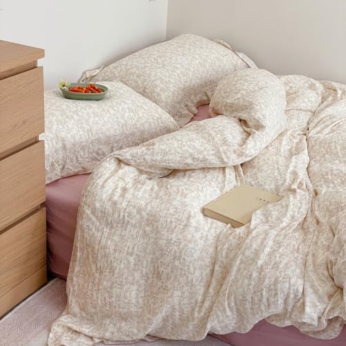AOJIM Floral Print Kids Duvet Cover Twin Size, 3-Piece Super Soft 2-Layer Gauze Muslin Cotton Ruffled Bedding Set - Vintage Zipper Comforter Cover & 2 Pillowcases, Forest Themed Patterns, Easy Care