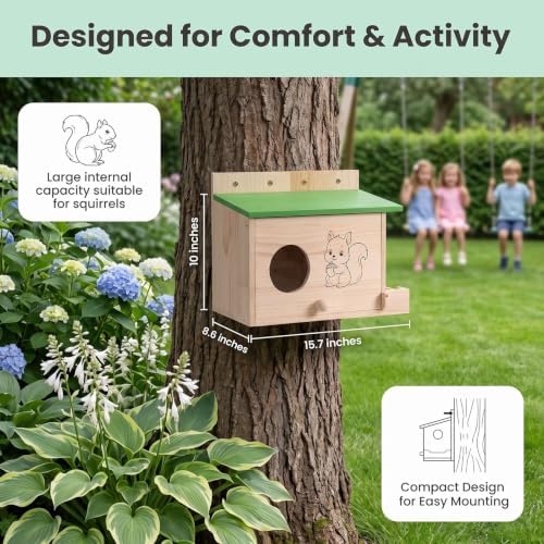 Large Squirrel Houses for Outside, Squirrels Nesting Box with Acrylic Viewing Window, Wood Squirrel Box with Feeder, Backyard Squirrel Shelter Squirrels Feeders for Outside