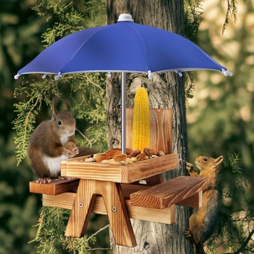 Gnodary Squirrel Feeder with Umbrella, Squirrel Feeders for Outside, Squirrel Picnic Table Feeder - Chipmunk Feeder Hold Corn, Corn Cob, Peanuts (Blue)