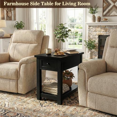 Farmhouse Narrow End Table Set of 2 with Charging Station, 13.8" Wide