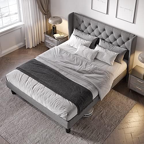 Allewie Queen Bed Frame with Button Tufted Wingback Headboard, Light Grey