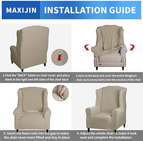MAXIJIN Wingback Chair Covers 1-Piece Stretch Wing Chair Covers Soft Thick Wingback Armchair Slipcover Non-Slip High Back Chair Furniture Protector Washable (Wing Chair, Khaki)