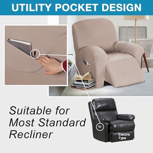 Flamingo P Stretch Recliner Chair Cover Recliner Cover for Electric/Manual Style | Furniture Cover for Reclining with Side Pocket, Soft Checked Jacquard Fabric Form Fitted Standard/Oversized - Sand