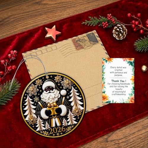 Black Santa Christmas Ornament for Christmas Tree Decorations 2026, Elegant Black Santa Holding a Golden Gift with Winter Forest Design, Heartwarming Holiday Keepsake Gift for Family and Friends