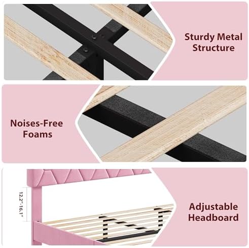 King Bed Frame with Adjustable Headboard, Upholstered Bed Frame, Pink