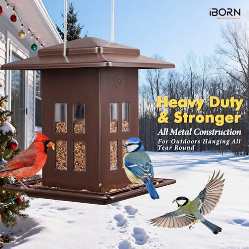 iBorn Bird Feeder for Outdoor Hanging,Metal Bird Feeder Hanging Outside for Cardinal, Double-Sided Hanger Wild Birdfeeder All Metal Constructions, Holds 2.3LB Seed, Bronze,8 Ports