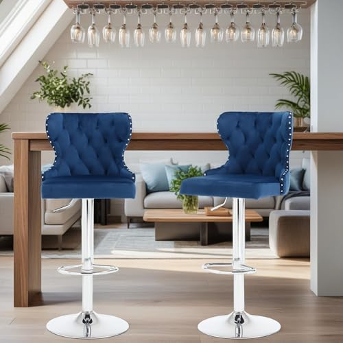 Set of 2 Adjustable Swivel Bar Stools, Velvet Upholstered Counter Height Chairs with Nailhead Trim, Silver Footrest, and High Back for Kitchen Island, Home Bar, Dining Room, Cafe,Blue