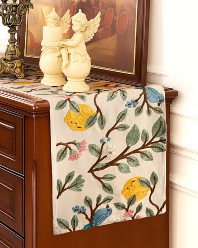 Canvas Embroidered Narrow 13"x 60" Table Runner, Lemon Bird