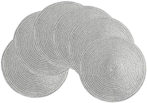 SHACOS Silver Glitter Round Placemats Set of 6 Sparkle Bling Place Mats Glitz Table Mats for Holiday Home Party Wedding Festive Table Decoration (6, Silver)