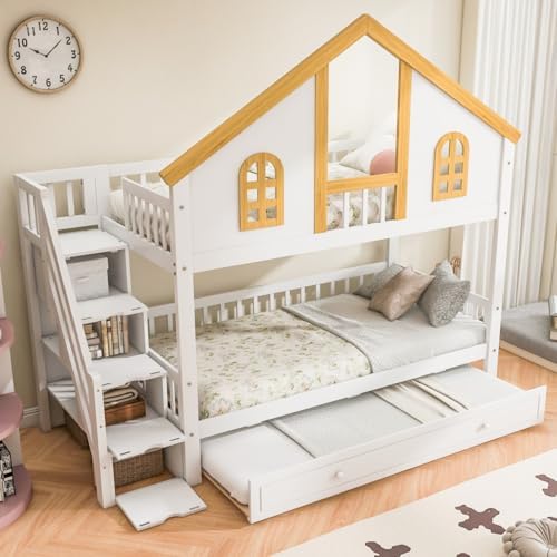 Twin Over Twin Size House Bunk Bed with Trundle & Storage Stairs