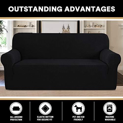 PrinceDeco Stretch Sofa Cover Slipcover Couch Covers for 3 Cushion Couch Furniture Protector Sofa Covers with Non Slip Elastic Bottom Dogs Pet Friendly Fitted (Sofa, Black)