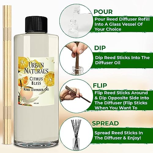 Urban Naturals Reed Diffuser Oil Refill Citrus Bliss with Mandarin, Grapefruit, Lemon Water, Clementine, Green Notes 8 oz + Free Reed Sticks, Made in the USA