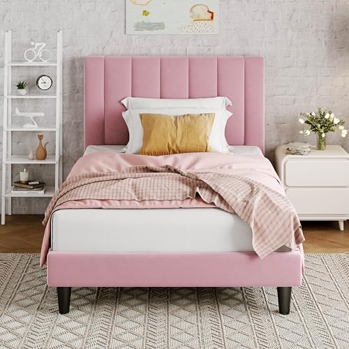 Allewie Twin Bed Frame/Velvet Upholstered Bed Frame with Vertical Channel Tufted Headboard/Strong Wooden Slats/Platform Bed Frame/Mattress Foundation/Box Spring Optional/Easy Assembly/Pink