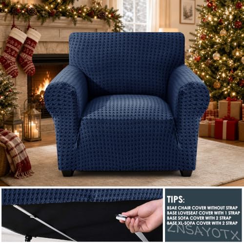 ZNSAYOTX 1 Piece Stretch Chair Slipcover with Arms (34"-44") New-Houndstooth Texture, Thick Armchair Covers for Living Room Universal Chair Slip Cover with Elastic Bottom & Buckle, Navy Blue